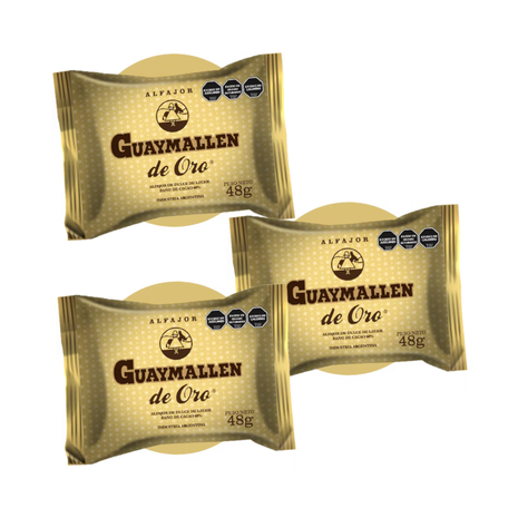 Alfajor Guaymallén de Oro, Relleno con Dulce de Leche, Baño de Cacao 60% (48gr) (Pack de 3u) (144gr)