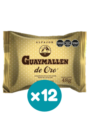 Alfajor Guaymallén De Oro, Relleno con Dulce de Leche, Baño de Cacao 60% (48gr) (Pack de 12u) (576gr)