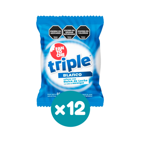 Alfajor Fantoche Triple BLANCO, Relleno con Dulce de Leche (85gr) (Pack de 12u) (1020gr)