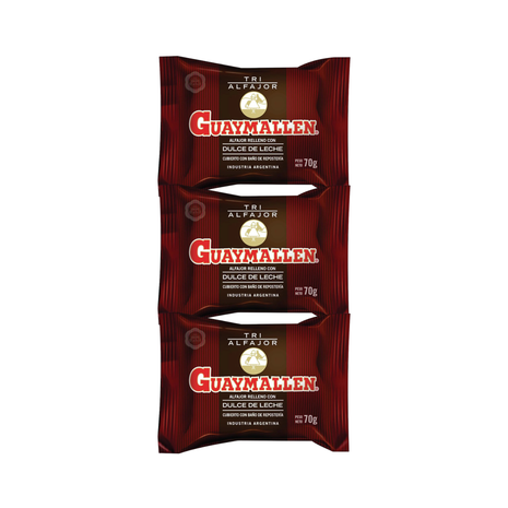 Alfajor Guaymallén TRIPLE Negro, relleno con Dulce de Leche, baño de Repostería de Chocolate (70gr) (Pack de 3u) (210gr)
