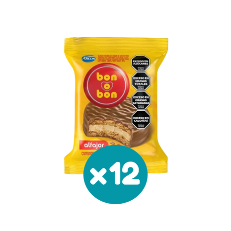 Alfajor Bon o Bon Leche SIMPLE, relleno a base de Leche y Maní (40gr) (Pack de 12u) (480gr)