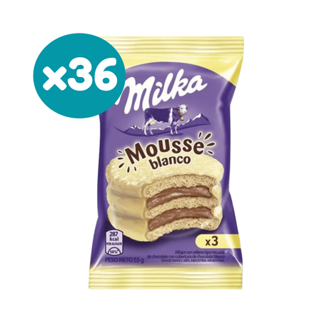 Alfajor Milka Mousse, con Baño de Chocolate Blanco (55gr) (Caja 36u) (1.9kg)