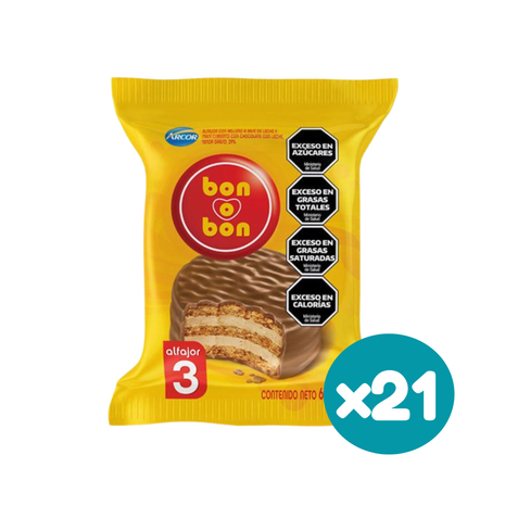 Alfajor Bon o Bon TRIPLE, relleno a base de Leche y Mani (60gr.) (Caja 21u.) (1230gr.)